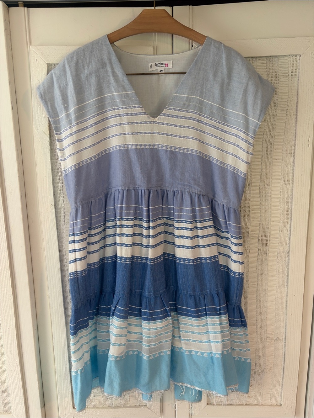Lemlem Eshal Mini Dress Tiered Striped Blue White Raw Hem medium - small defect - Picture 4 of 11